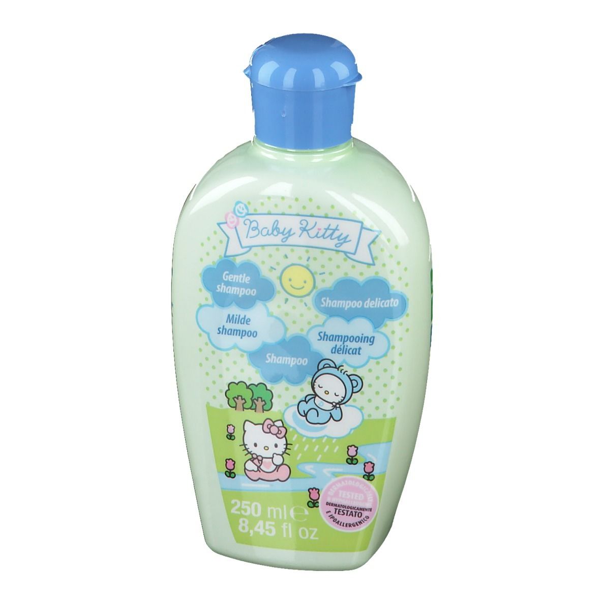 Flacon de shampooing Baby Kitty vert clair avec bouchon bleu. Étiquette avec Hello Kitty et texte : Gentle Shampoo, Milde Shampoo, 250 ml.