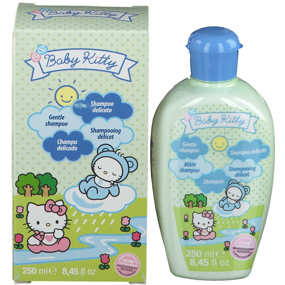 Flacon et boîte de shampooing Baby Kitty. Flacon : vert clair, bleu, motif Hello Kitty. Boîte : vert, Hello Kitty, texte : Shampooing délicat.