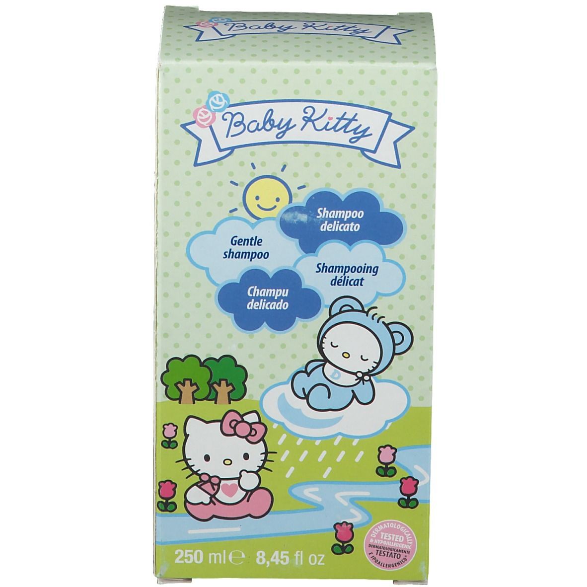 Boîte de shampooing Baby Kitty. Vert, motif Hello Kitty, texte : Shampooing délicat, 250 ml. Signes de certification.