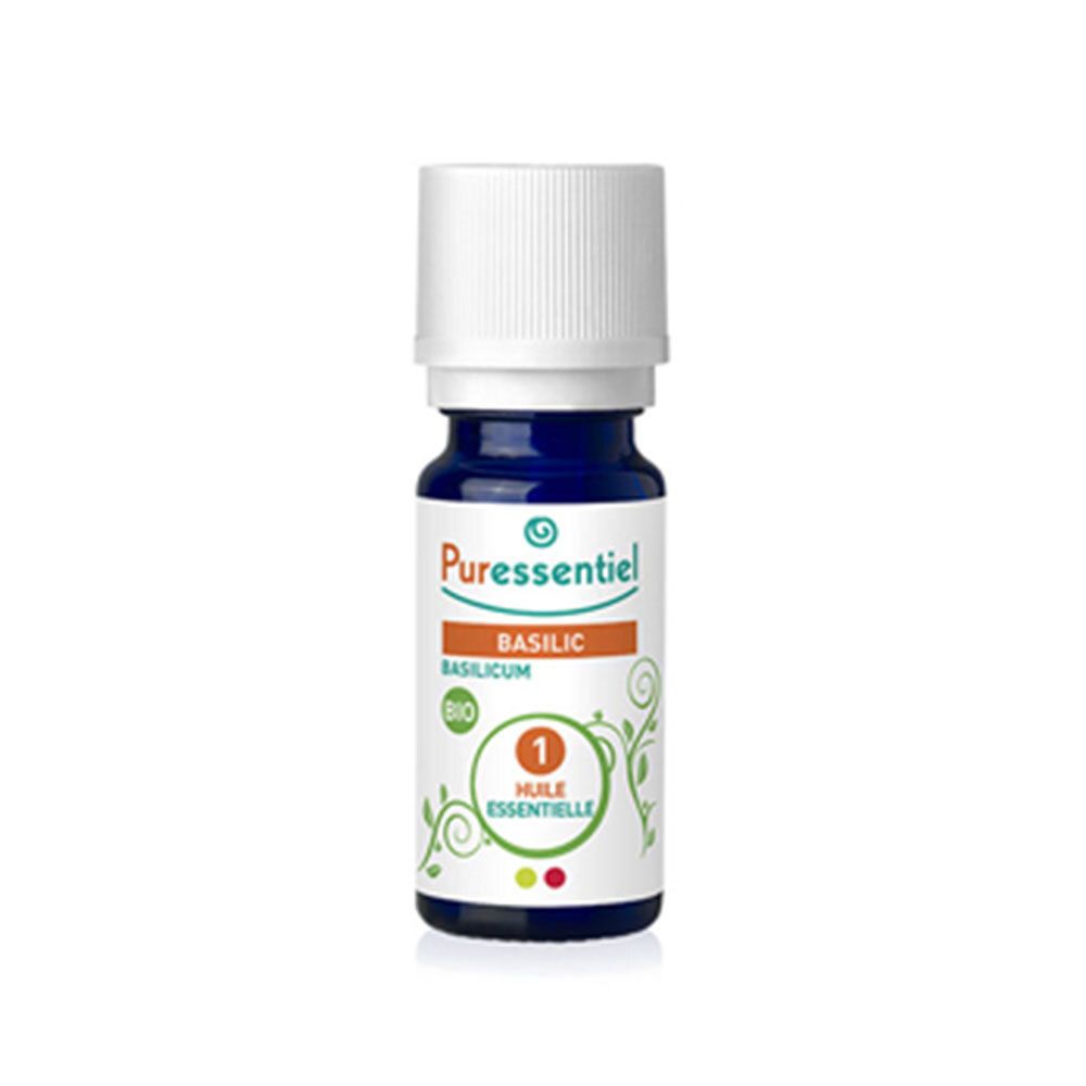 Flacon d'huile essentielle Puressentiel Basilic Bio. Bouchon blanc. Inscription: 1 Huile Essentielle.