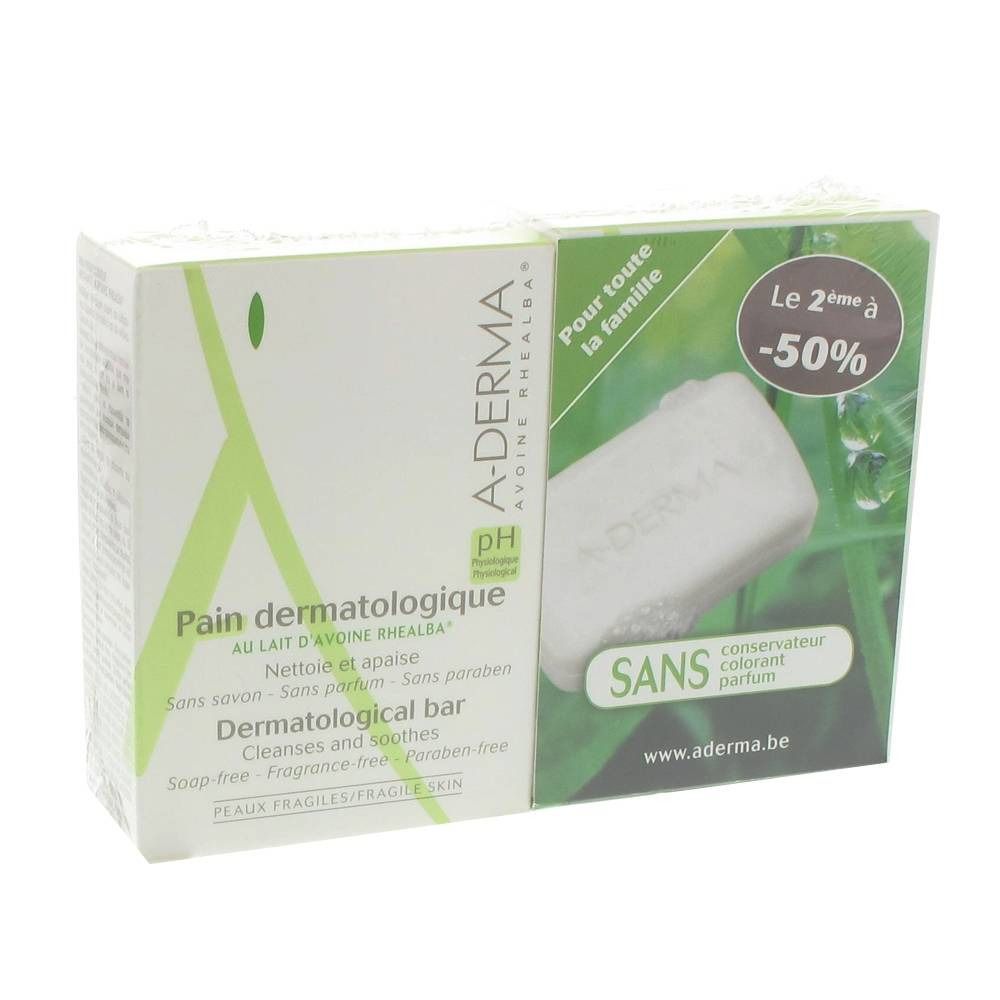 A-DERMA Dermopan Pastilla Duo. Pain dermatologique emballé. Inscription : "Sans parfum, sans paraben".