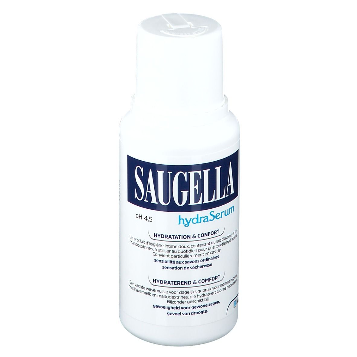 Flacon blanc avec étiquette bleue. Inscription Saugella hydraSerum. pH 4.5. Texte en plusieurs langues.