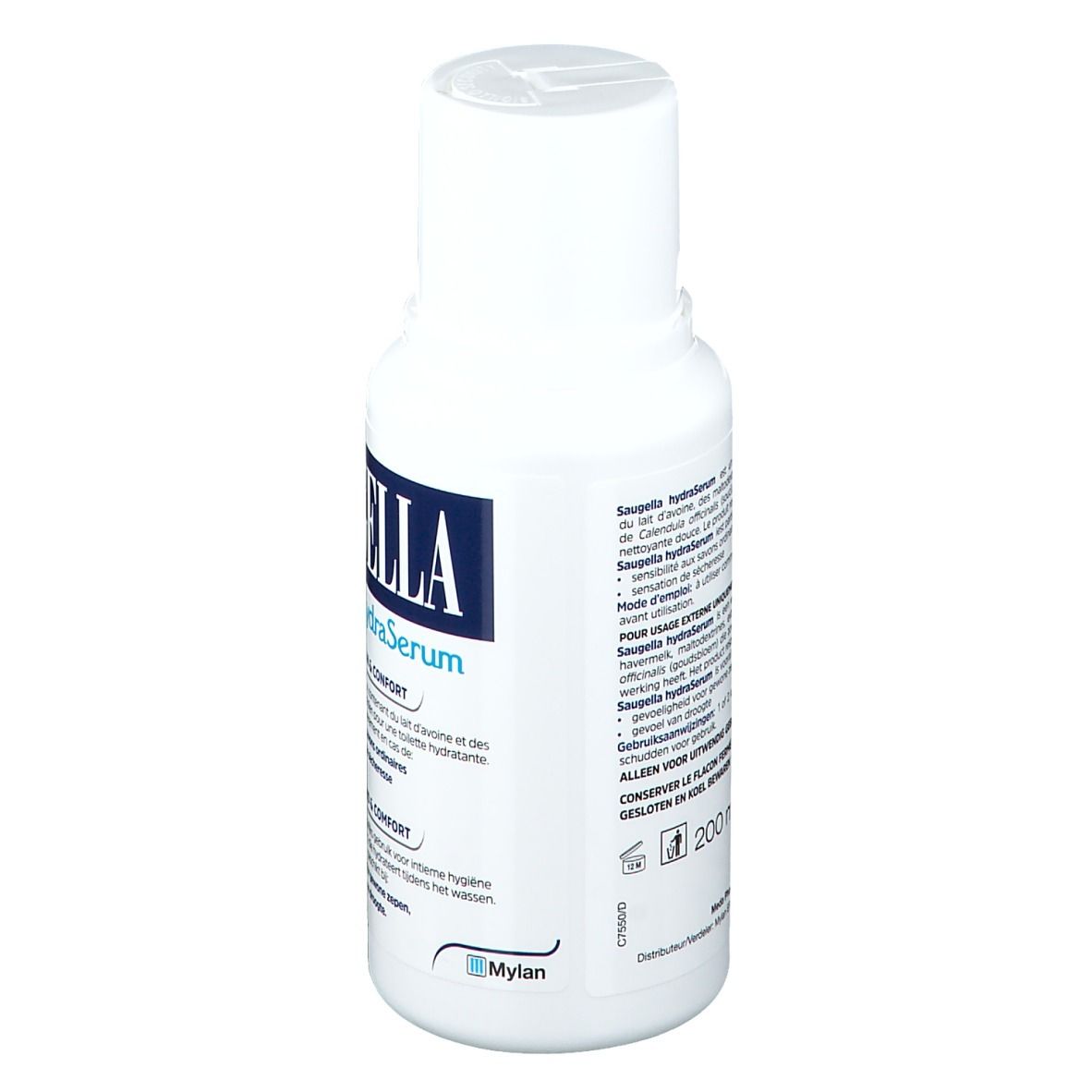 Flacon blanc avec étiquette bleue. Inscription Saugella hydraSerum. Texte en plusieurs langues. 200 ml.