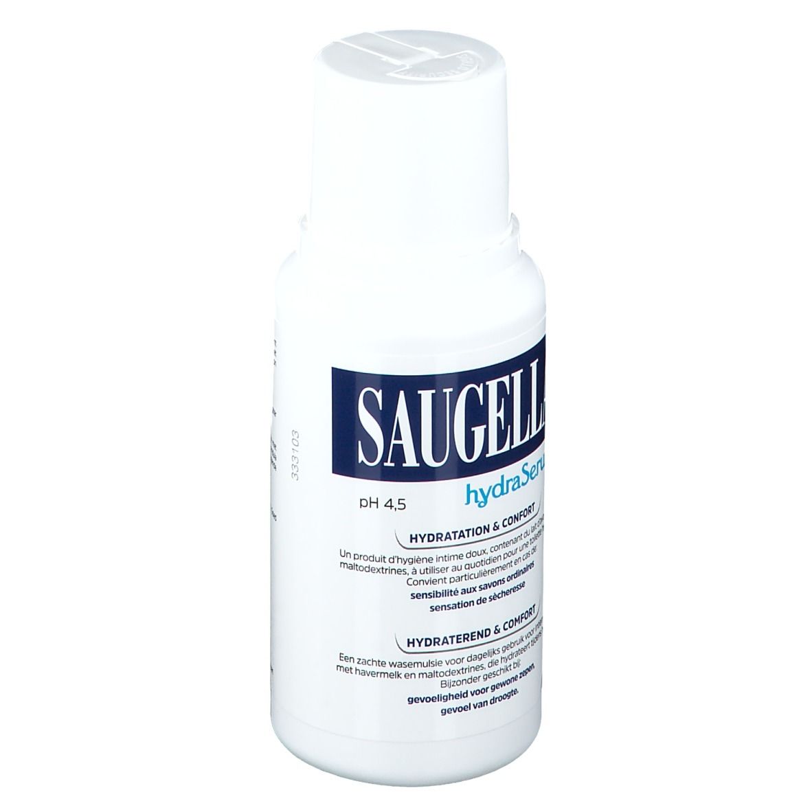 Flacon blanc avec étiquette bleue. Inscription Saugella hydraSerum. pH 4.5. Texte en plusieurs langues.