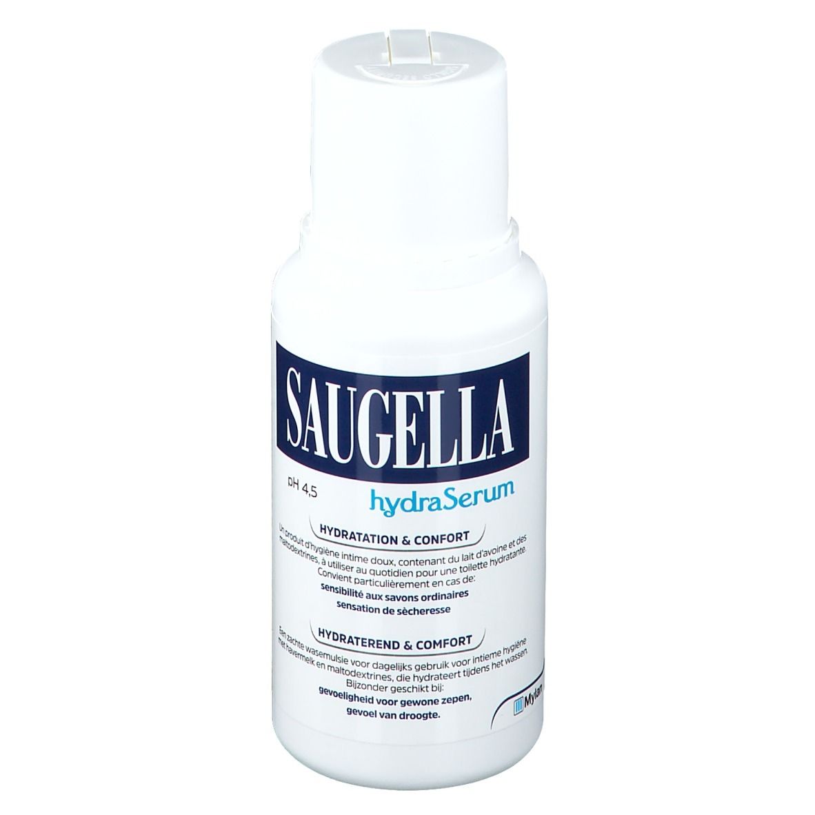 Flacon blanc avec étiquette bleue. Inscription Saugella hydraSerum. pH 4.5. Texte en plusieurs langues.