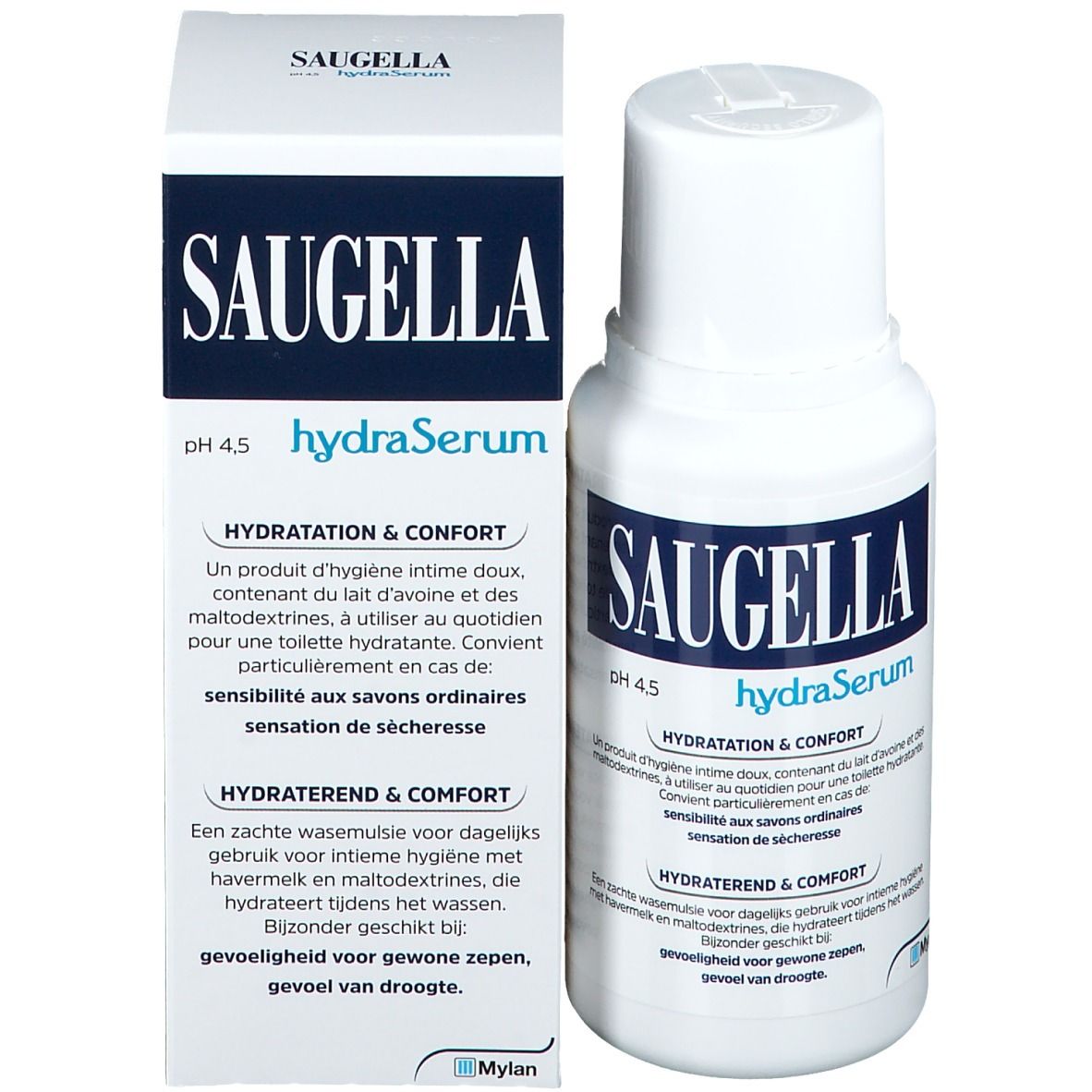 Produit Saugella hydraSerum et emballage. Flacon blanc et boîte avec étiquette bleue. Texte en plusieurs langues.