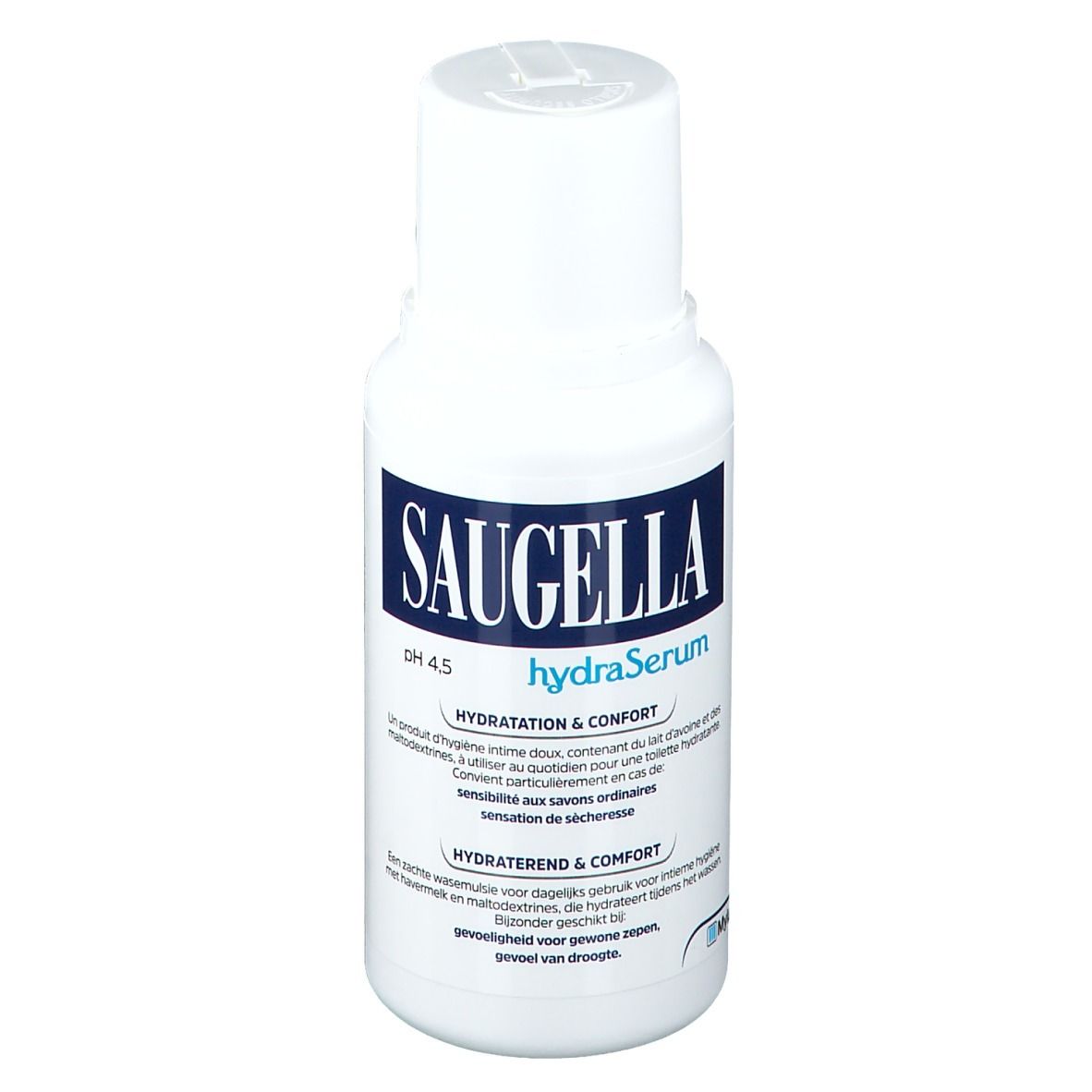 Flacon blanc avec étiquette bleue. Inscription Saugella hydraSerum. pH 4.5. Texte en plusieurs langues.