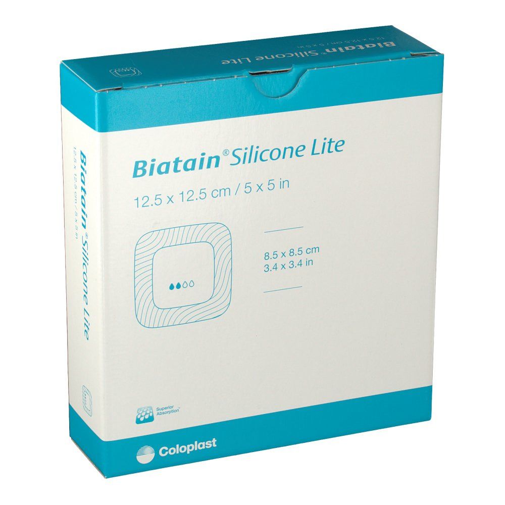 Boîte Biatain Silicone Lite 12,5 x 12,5 cm. Inscription du nom du produit, dimensions et logo. Boîte rectangulaire blanche et bleue.