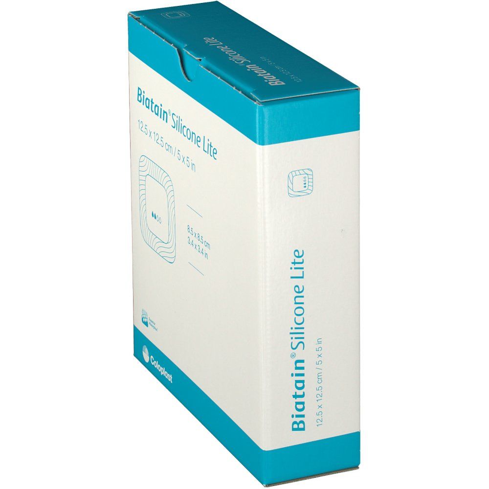 Boîte Biatain Silicone Lite 12,5 x 12,5 cm. Boîte rectangulaire bleue et blanche. Nom du produit et dimensions imprimés.