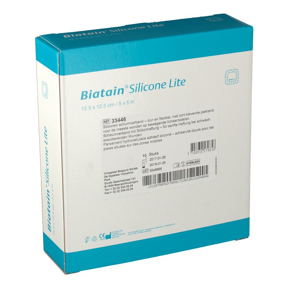 Boîte Biatain Silicone Lite 12,5 x 12,5 cm. Nom du produit, dimensions, numéro de lot et informations du fabricant imprimés.