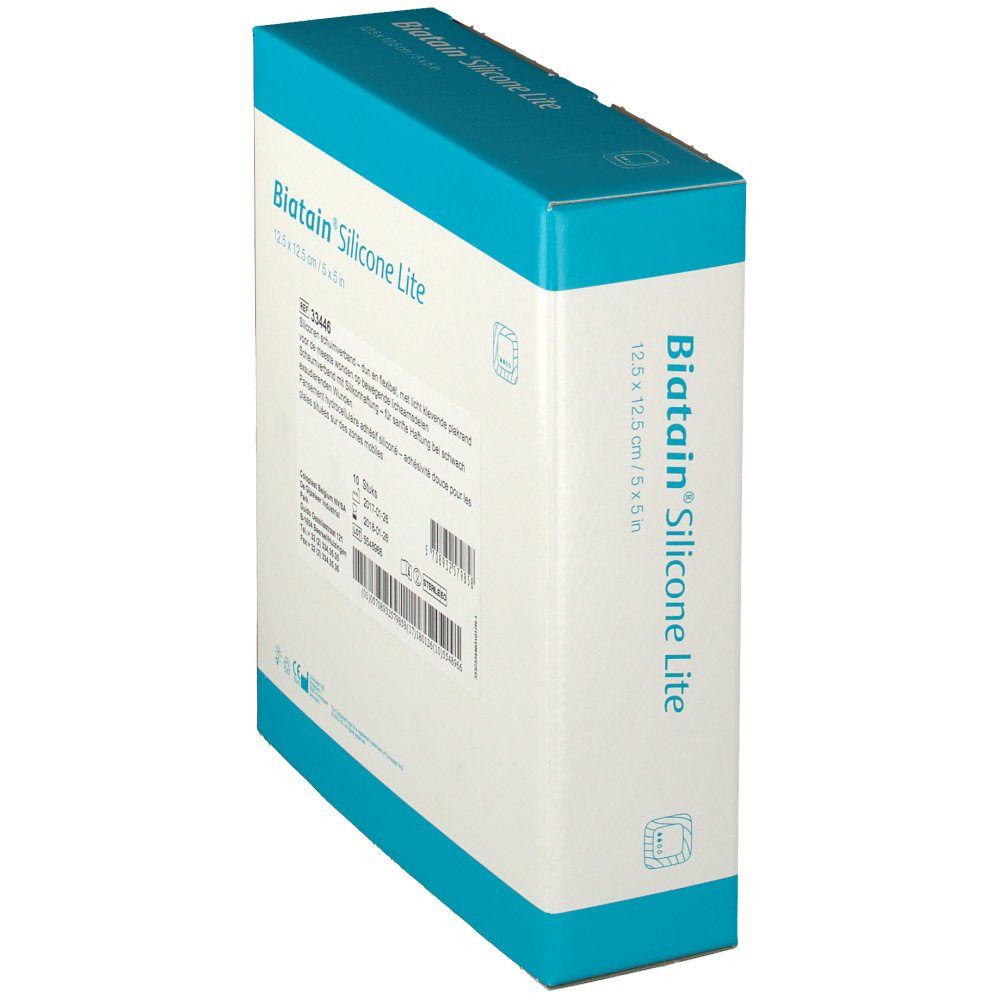 Boîte Biatain Silicone Lite 12,5 x 12,5 cm. Boîte rectangulaire bleue et blanche. Nom du produit et dimensions imprimés.