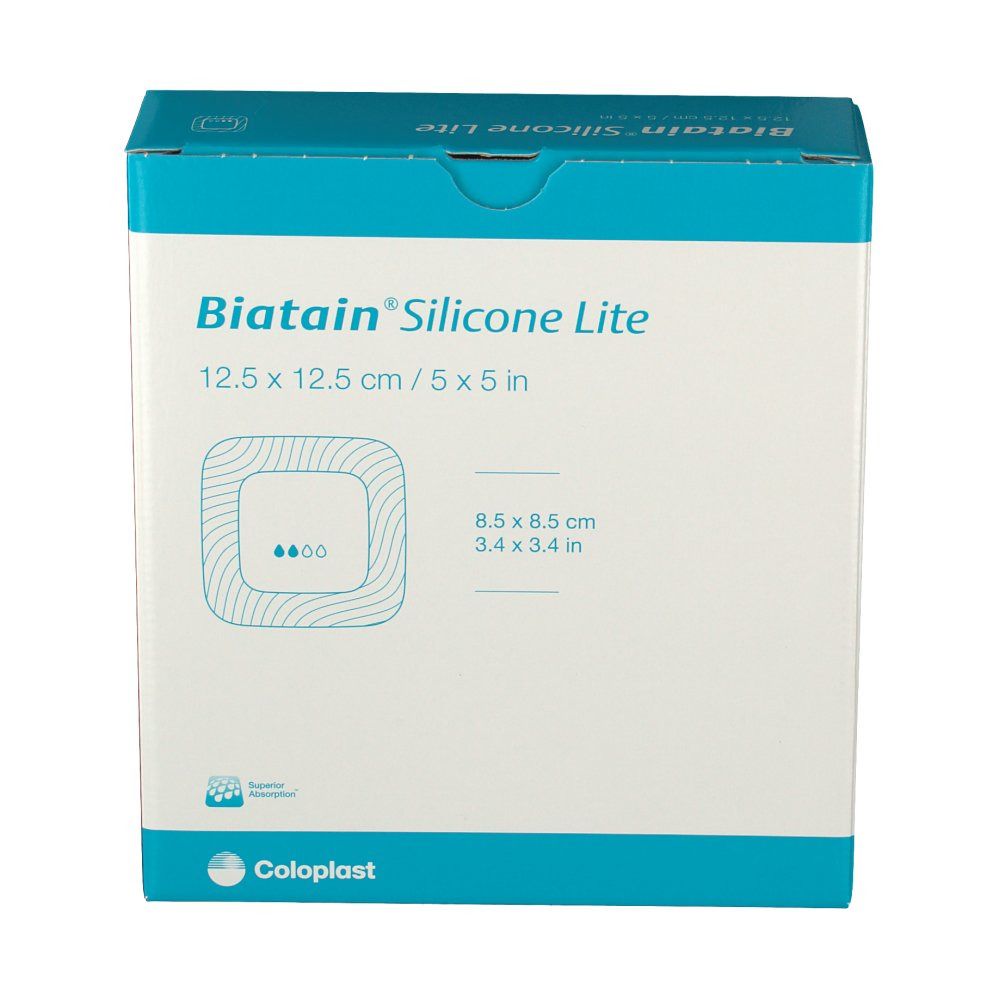 Boîte Biatain Silicone Lite 12,5 x 12,5 cm. Inscription du nom du produit, dimensions et logo. Boîte rectangulaire blanche et bleue.
