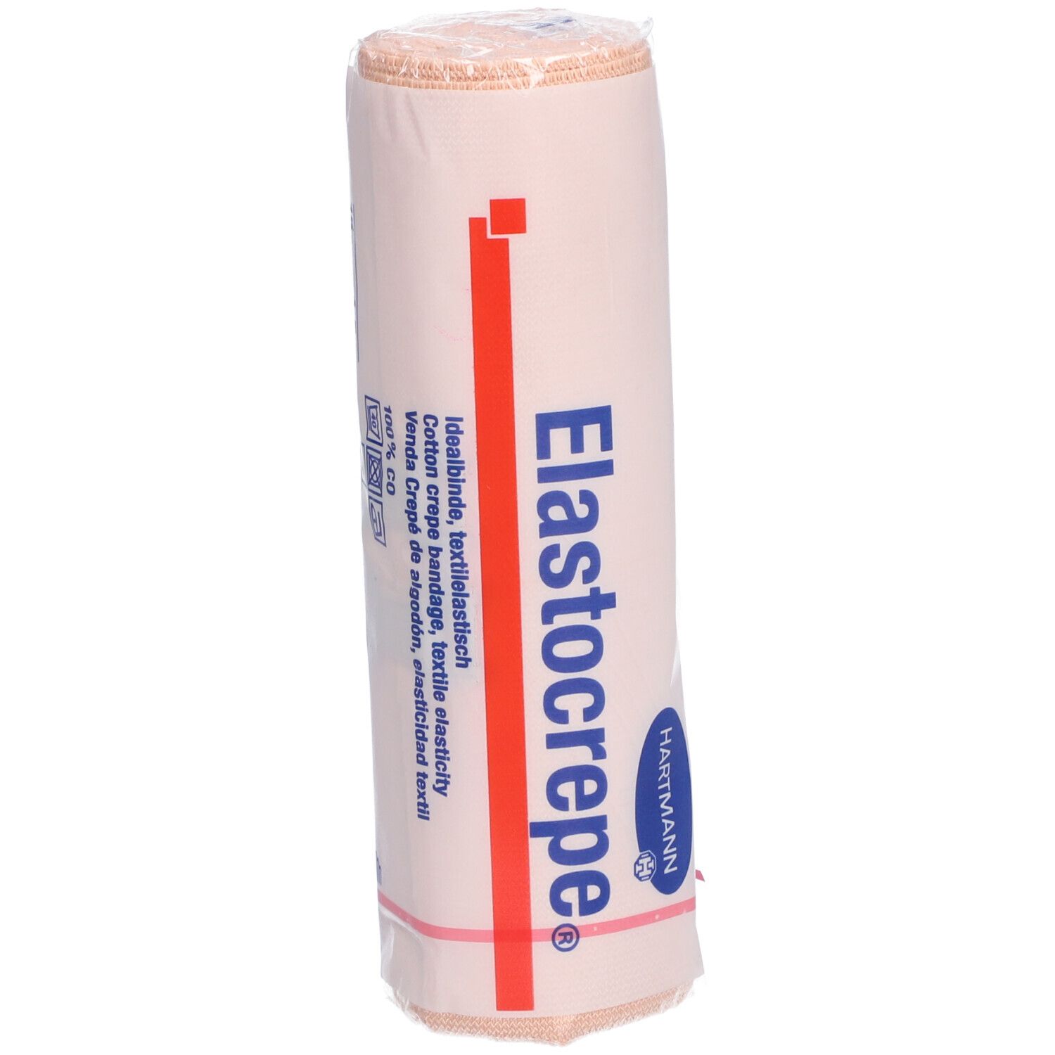 Bandage Elastocrepe® enroulée. Emballage avec nom du produit et logo Hartmann. Matériau beige.