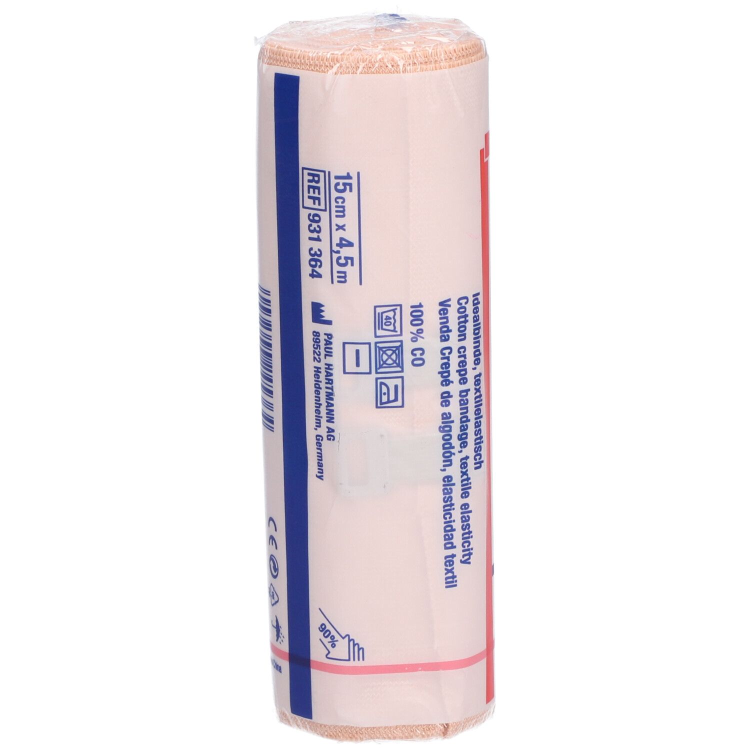 Bandage Elastocrepe® enroulé. Impression avec taille 15 cm x 4,5 m. Informations fabricant et marquage CE.