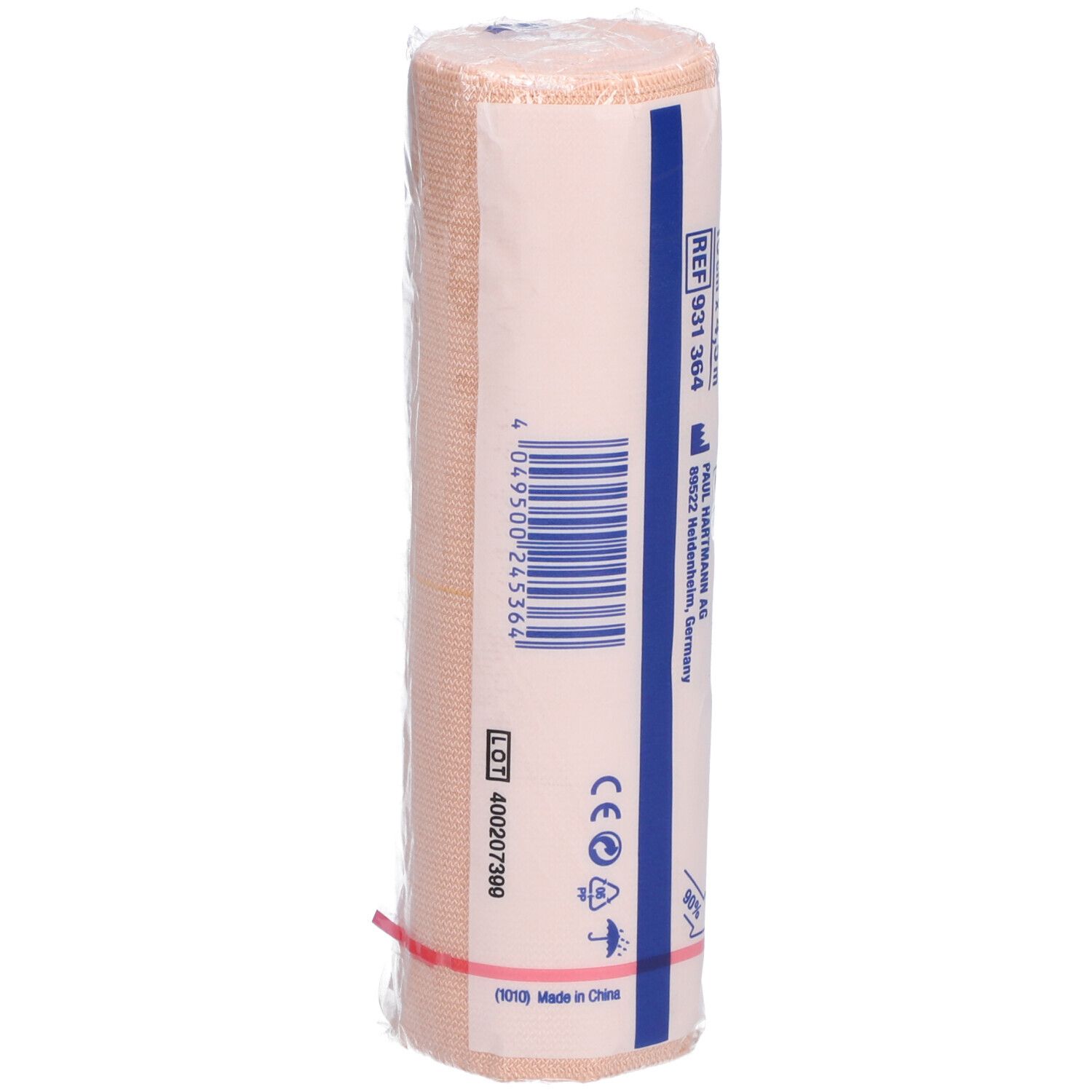 Bandage Elastocrepe® enroulé. Impression avec numéro de lot et marquage CE. Informations fabricant.