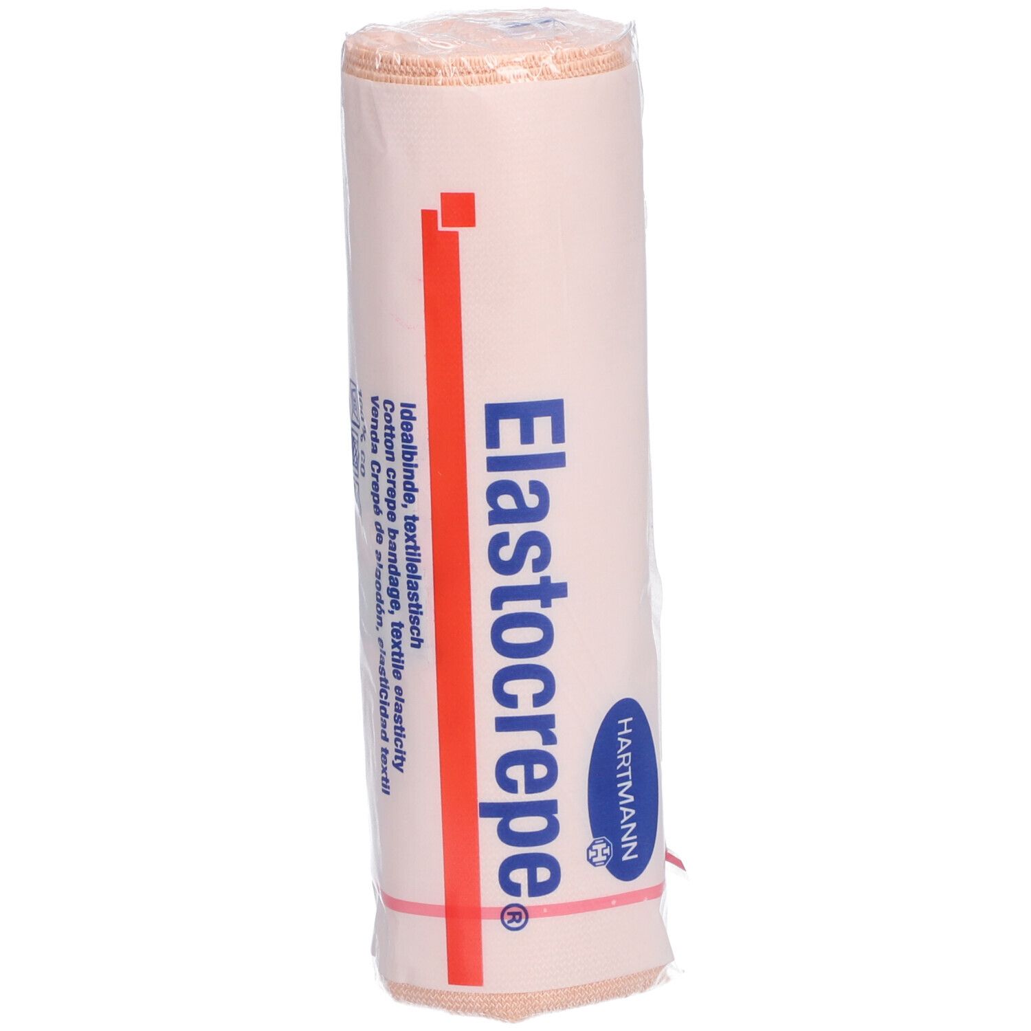 Bandage Elastocrepe® enroulée. Emballage avec nom du produit et logo Hartmann. Matériau beige.