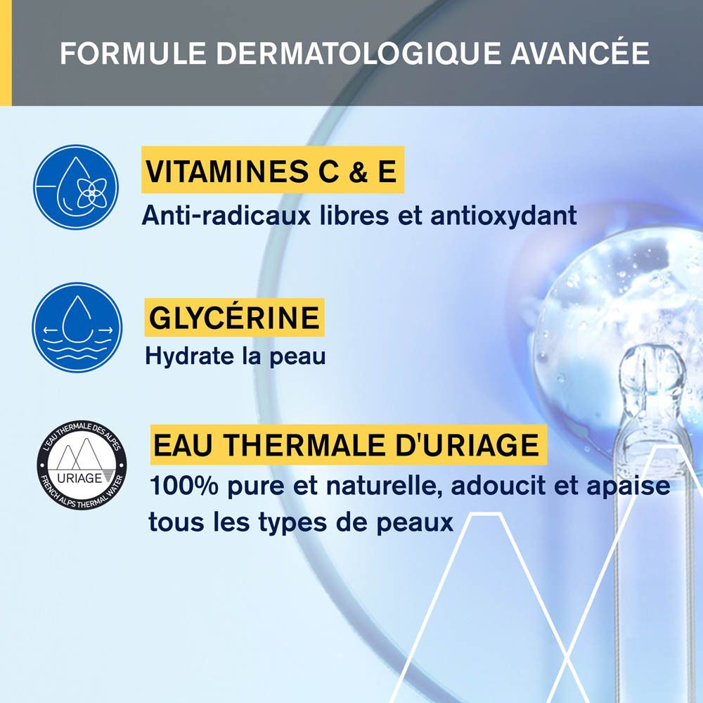 Gros plan. Zones de texte avec texte. Texte: Vitamines C & E, Glycérine, Eau Thermale d'Uriage.