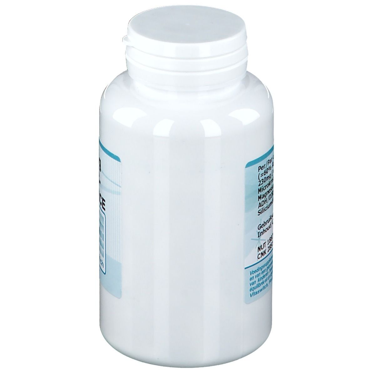 Flacon blanc avec étiquette bleue. Contient des informations sur les ingrédients et les valeurs nutritionnelles.