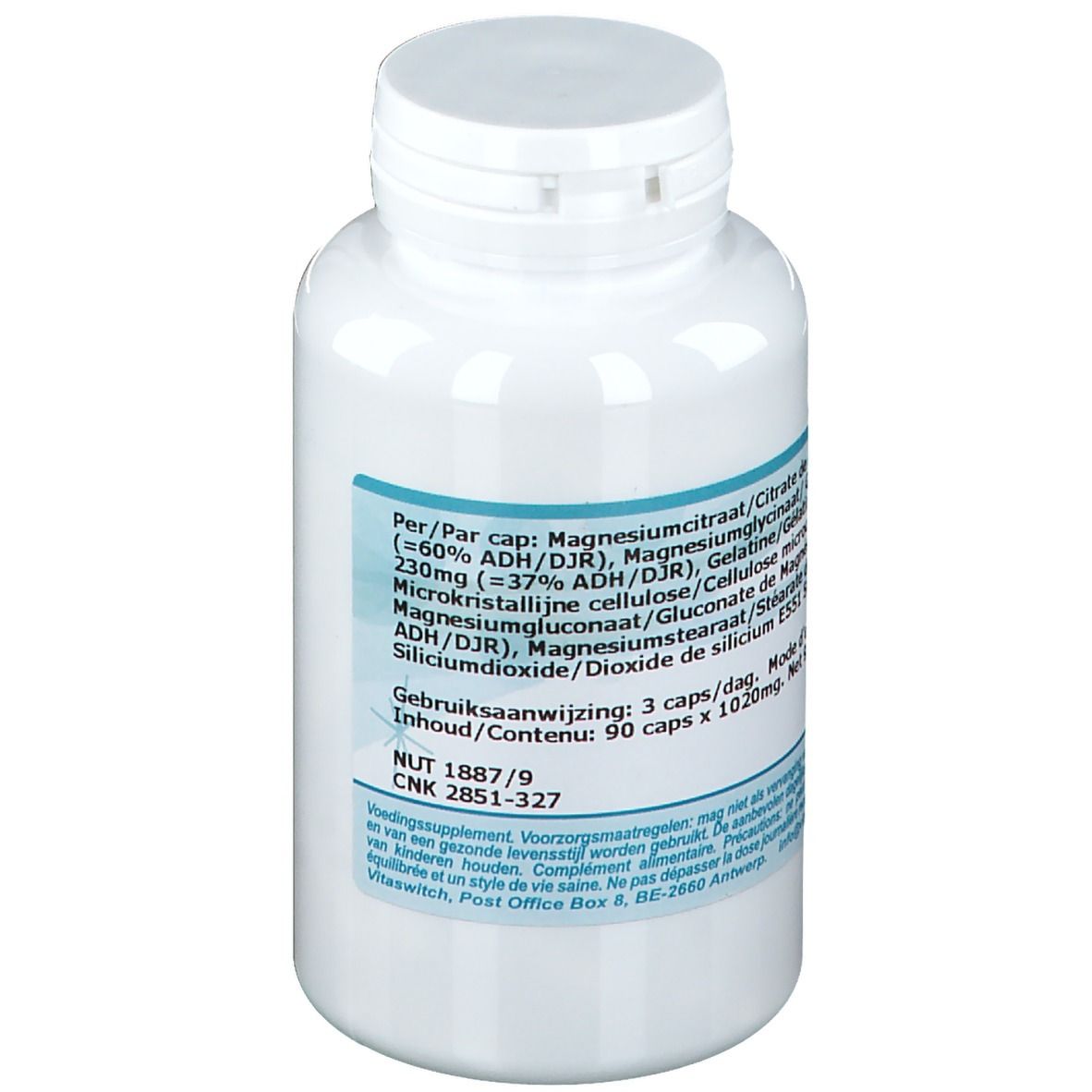Flacon blanc avec étiquette bleue. Contient des informations sur les ingrédients et le dosage. 90 gélules.