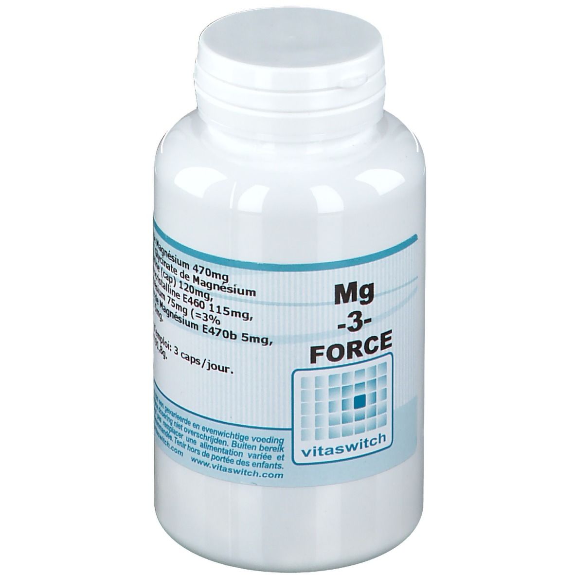 Flacon blanc avec étiquette bleue. Inscription: Mg -3- FORCE. Contient des informations sur les ingrédients et le dosage.