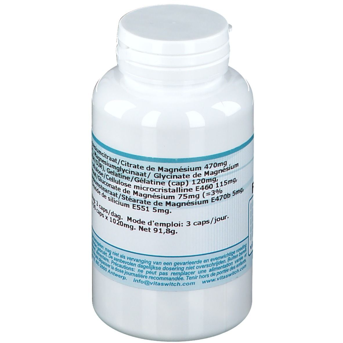 Flacon blanc avec étiquette bleue. Contient des informations sur les ingrédients et le dosage. 90 gélules.