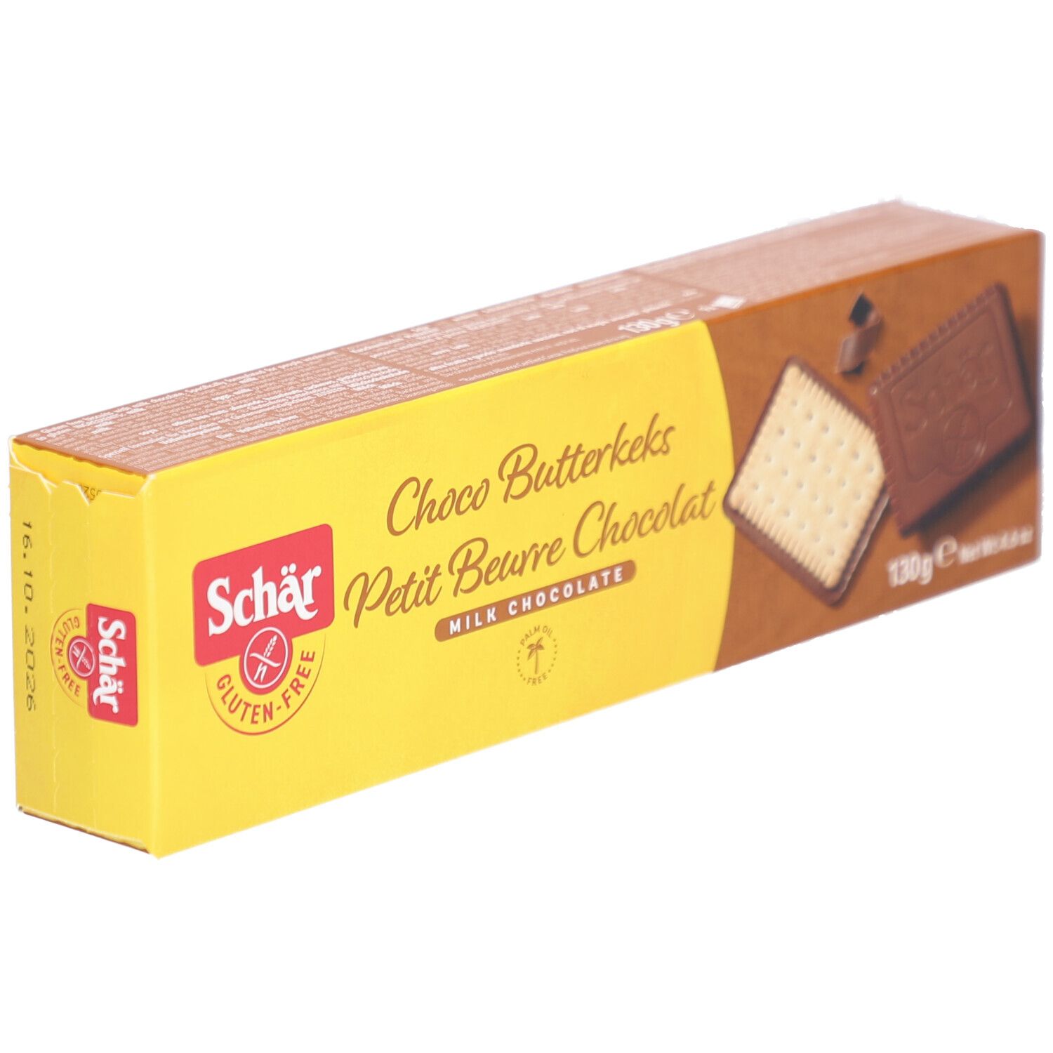 Boîte de Schär Choco Butterkeks sans gluten. Emballage jaune et marron. Inscriptions : Choco Butterkeks, Petit Beurre Chocolat, 130g.