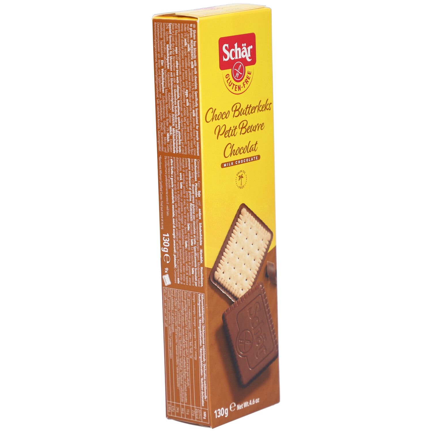 Boîte de Schär Choco Butterkeks sans gluten. Emballage jaune et marron. Inscriptions : Choco Butterkeks, Petit Beurre Chocolat, 130g.