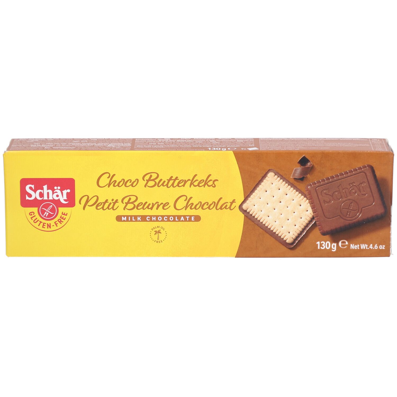 Boîte de Schär Choco Butterkeks sans gluten. Emballage jaune et marron. Inscriptions : Choco Butterkeks, Petit Beurre Chocolat, 130g.