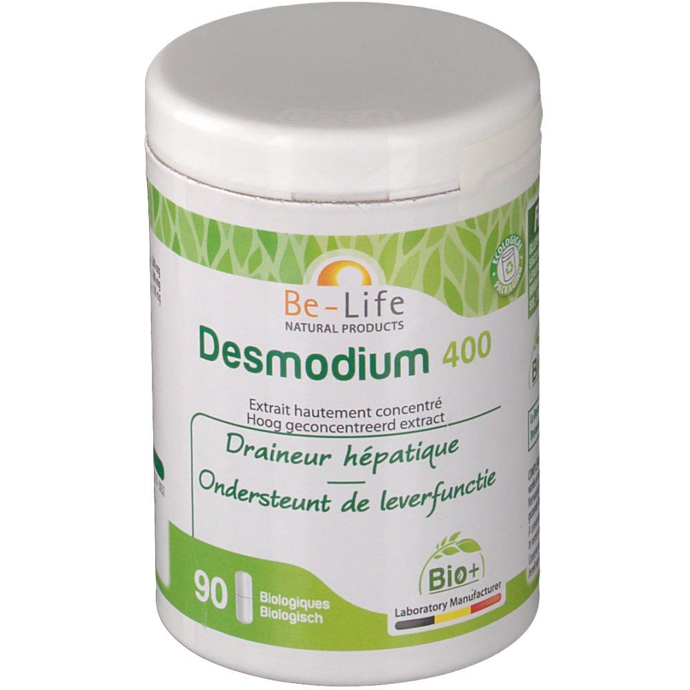 Boîte blanche avec étiquette verte. Inscription : Be-Life Desmodium 400. 90 gélules. Certification bio.