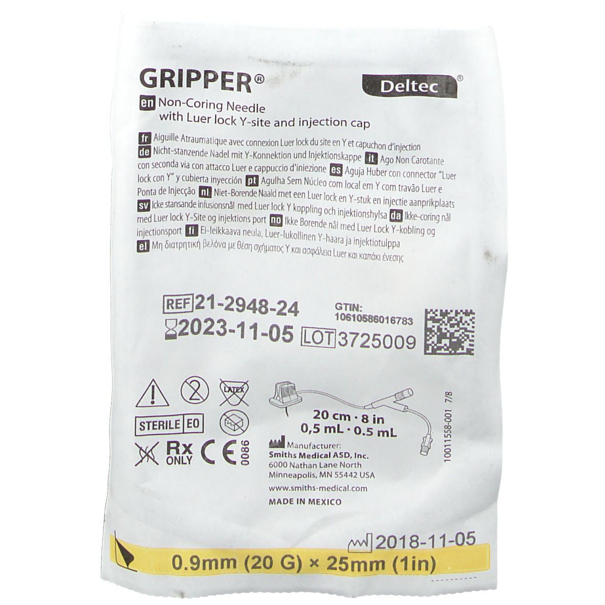 Deltec® GRIPPER® Aiguille Atraumatique avec connexion Luer lock du site en Y et capouchon d'injection 20 cm 0,5 ml