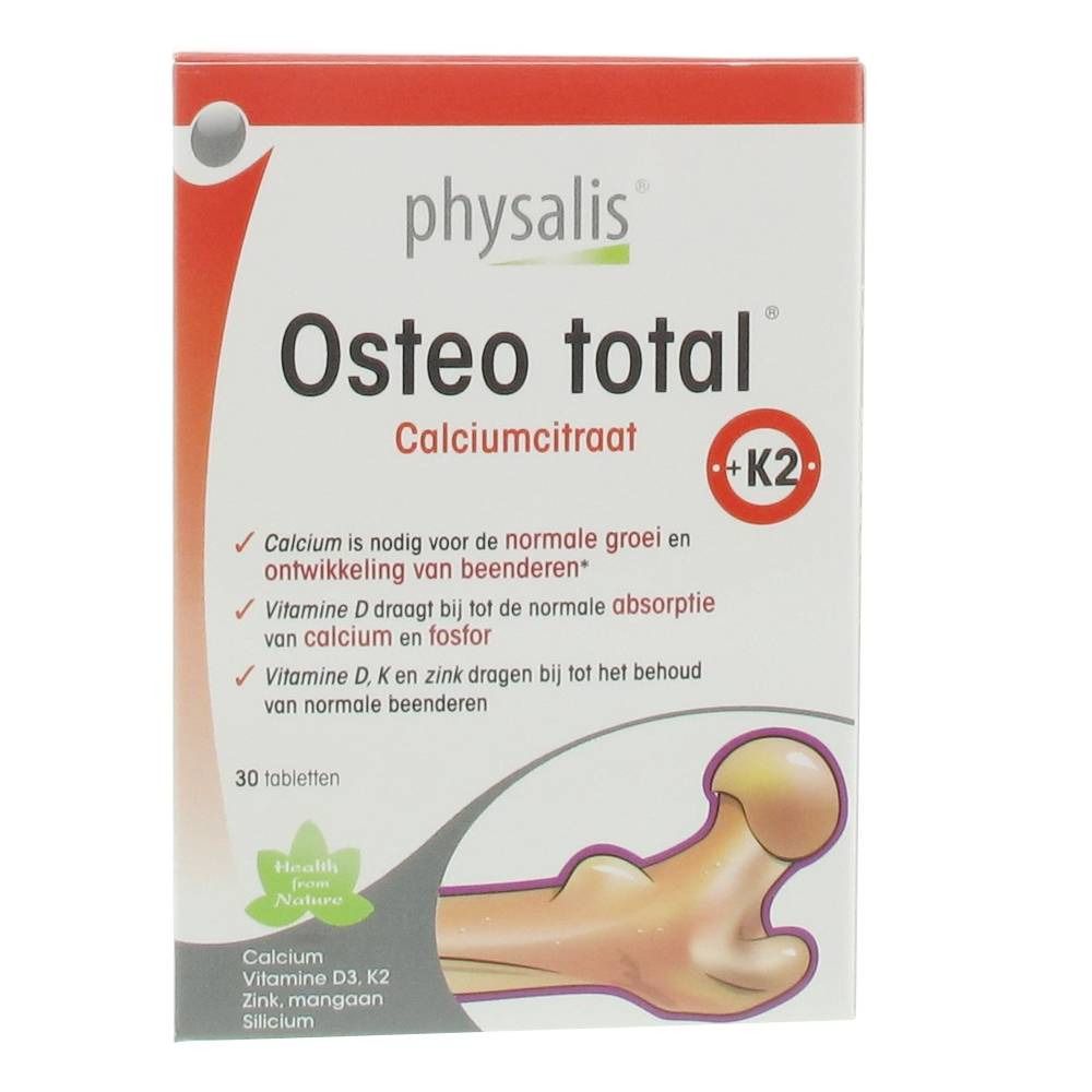 Boîte de Osteo Total. Inscription : Calciumcitraat, +K2, 30 comprimés. Contient calcium, vitamine D3, K2, zinc, manganèse, sélénium.