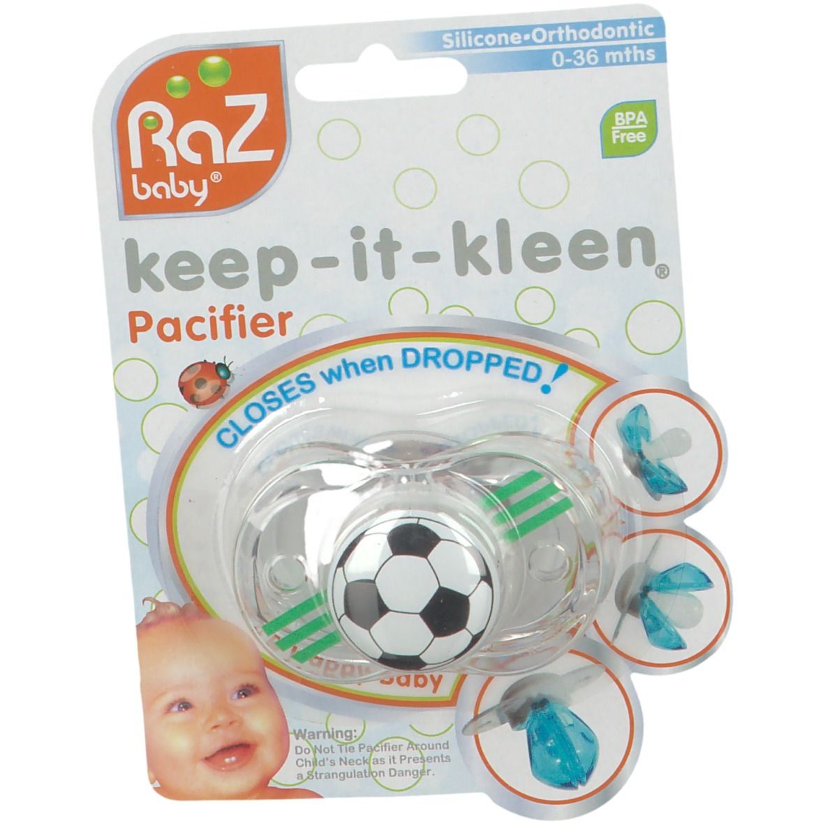Sucette avec motif ballon de foot, emballage. Silicone, sans BPA. Pour 0-36 mois. Se ferme en cas de chute. Marque Raz Baby.