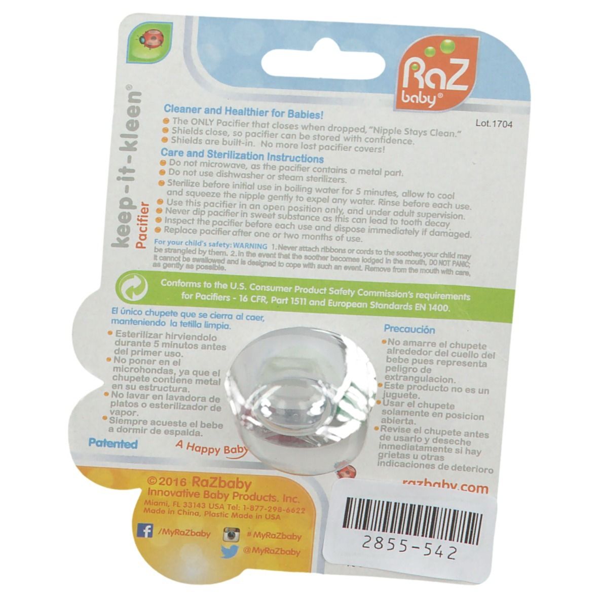 Emballage de sucette. Arrière avec informations et logo du produit. Sucette transparente au premier plan.