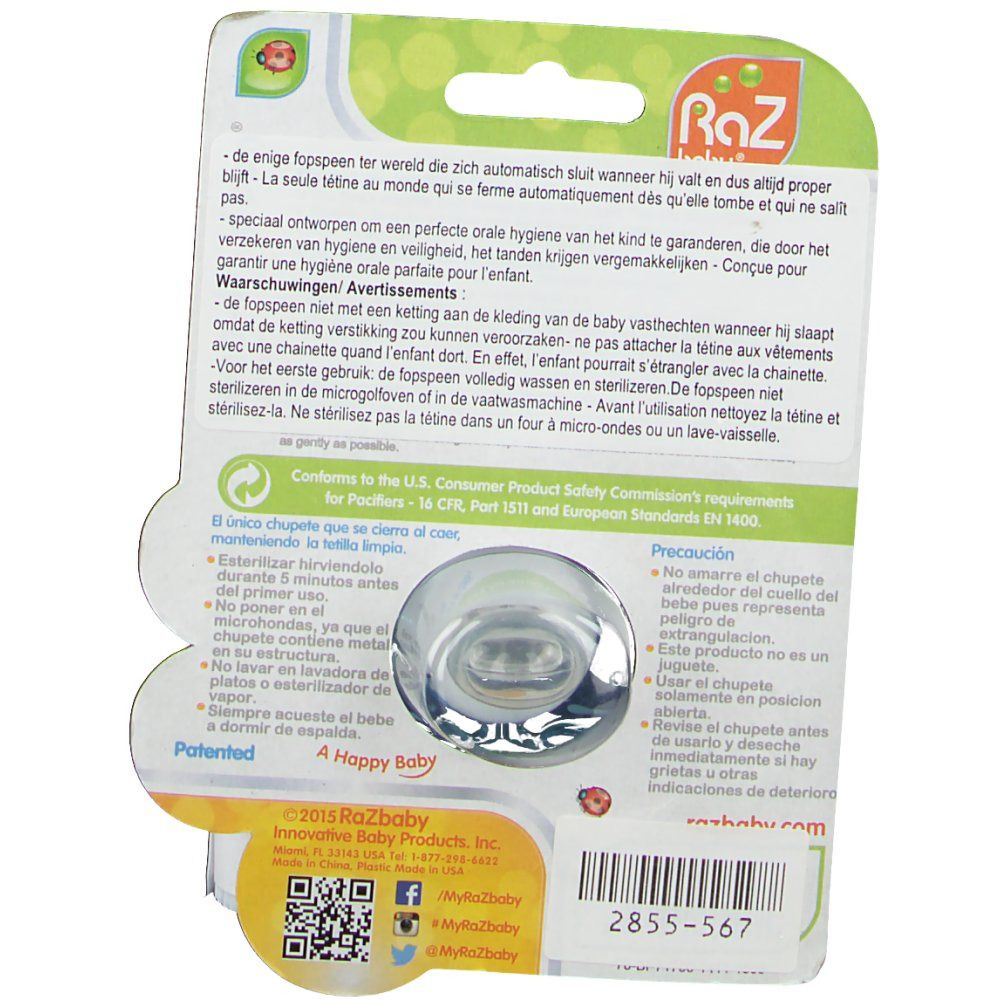 Dos de l'emballage blister avec texte et sucette pingouin. Contient des informations sur la sécurité et l'utilisation. Marque Raz Baby.