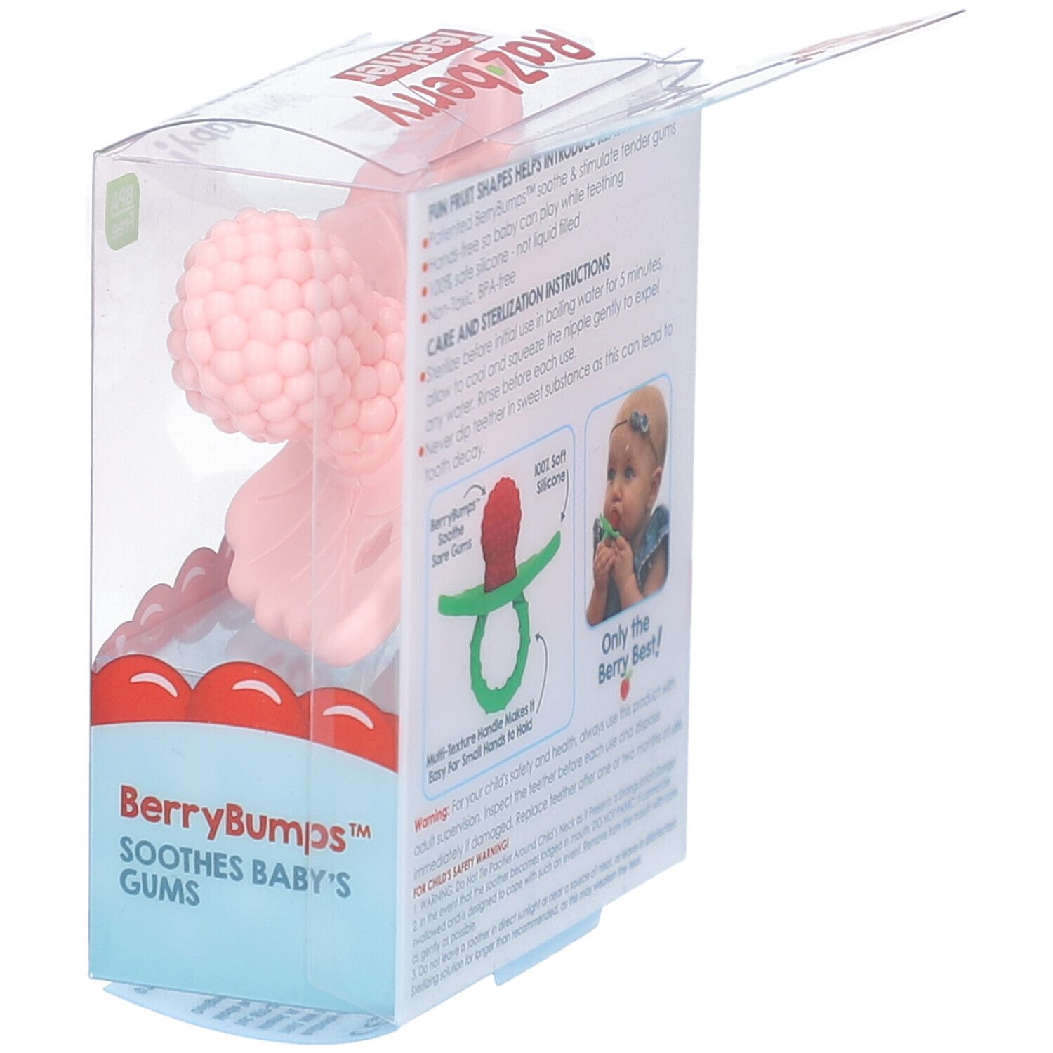 Emballage avec anneau de dentition. L'anneau est rose, en forme de framboise. Texte : Raz-berry Teether. Sans BPA.