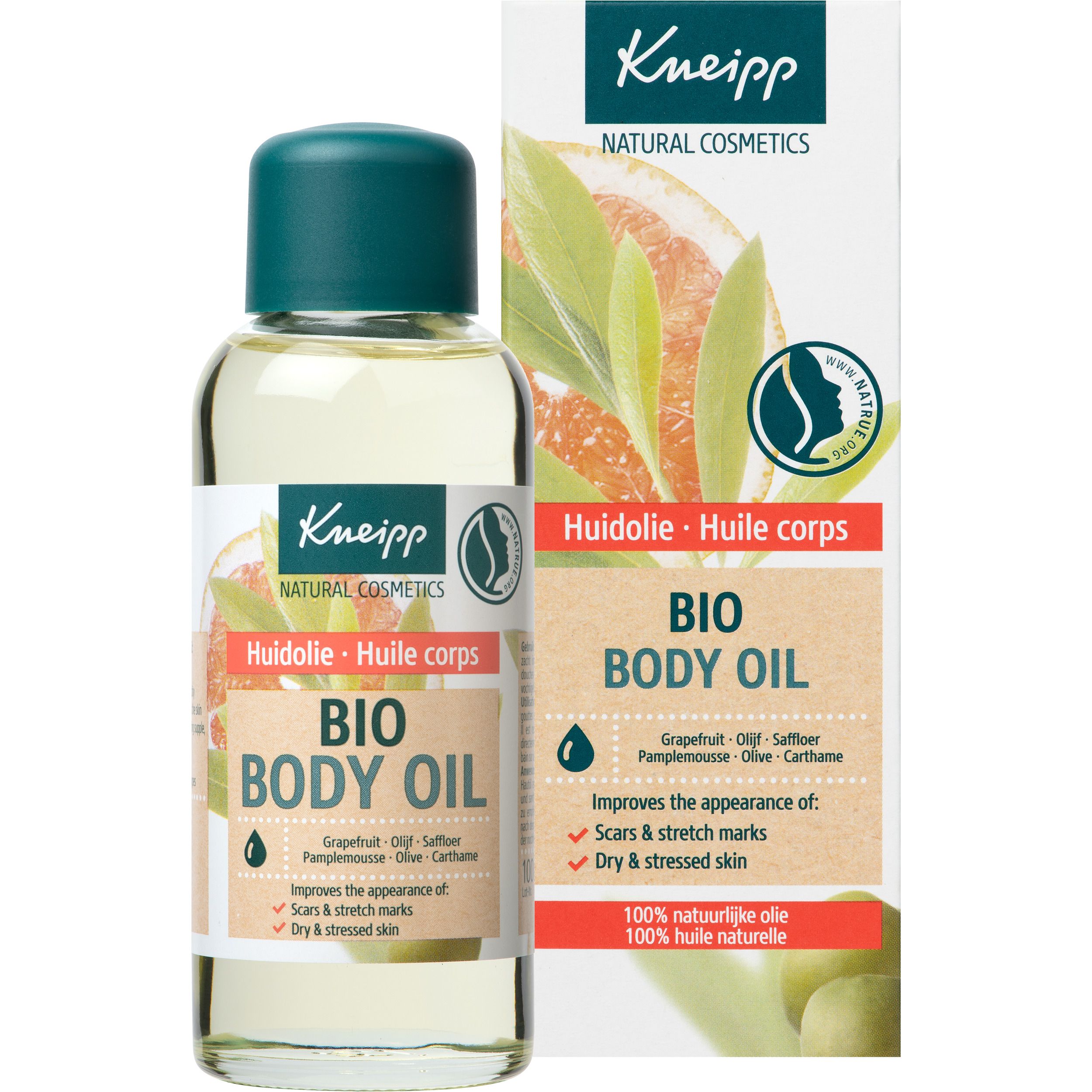 Flacon et emballage Kneipp Bio Body Oil. Étiquettes vertes et blanches. Contient pamplemousse, carthame, olive. Pour cicatrices, vergetures et peau sèche.