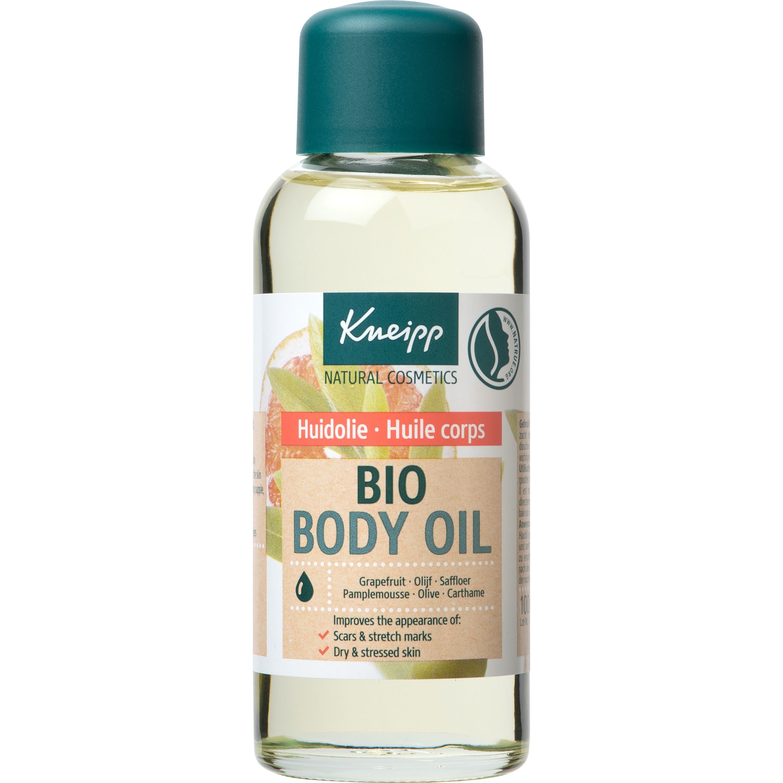 Flacon d'huile Kneipp Bio Body Oil. Étiquettes vertes et blanches. Contient pamplemousse, carthame, olive. Pour cicatrices, vergetures et peau sèche.