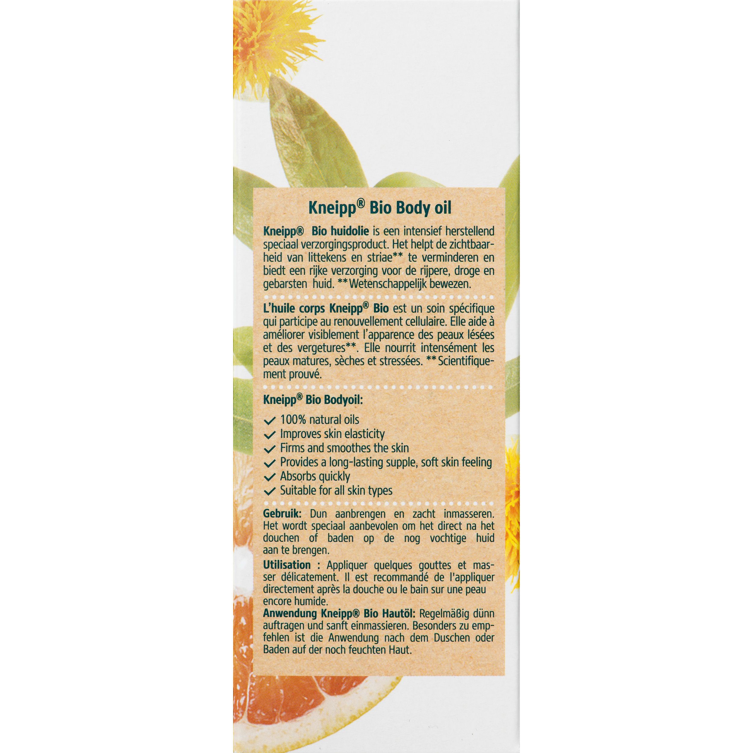 Dos du flacon Kneipp Bio Body Oil. Contient des informations sur les ingrédients et les propriétés. Convient à tous les types de peau.