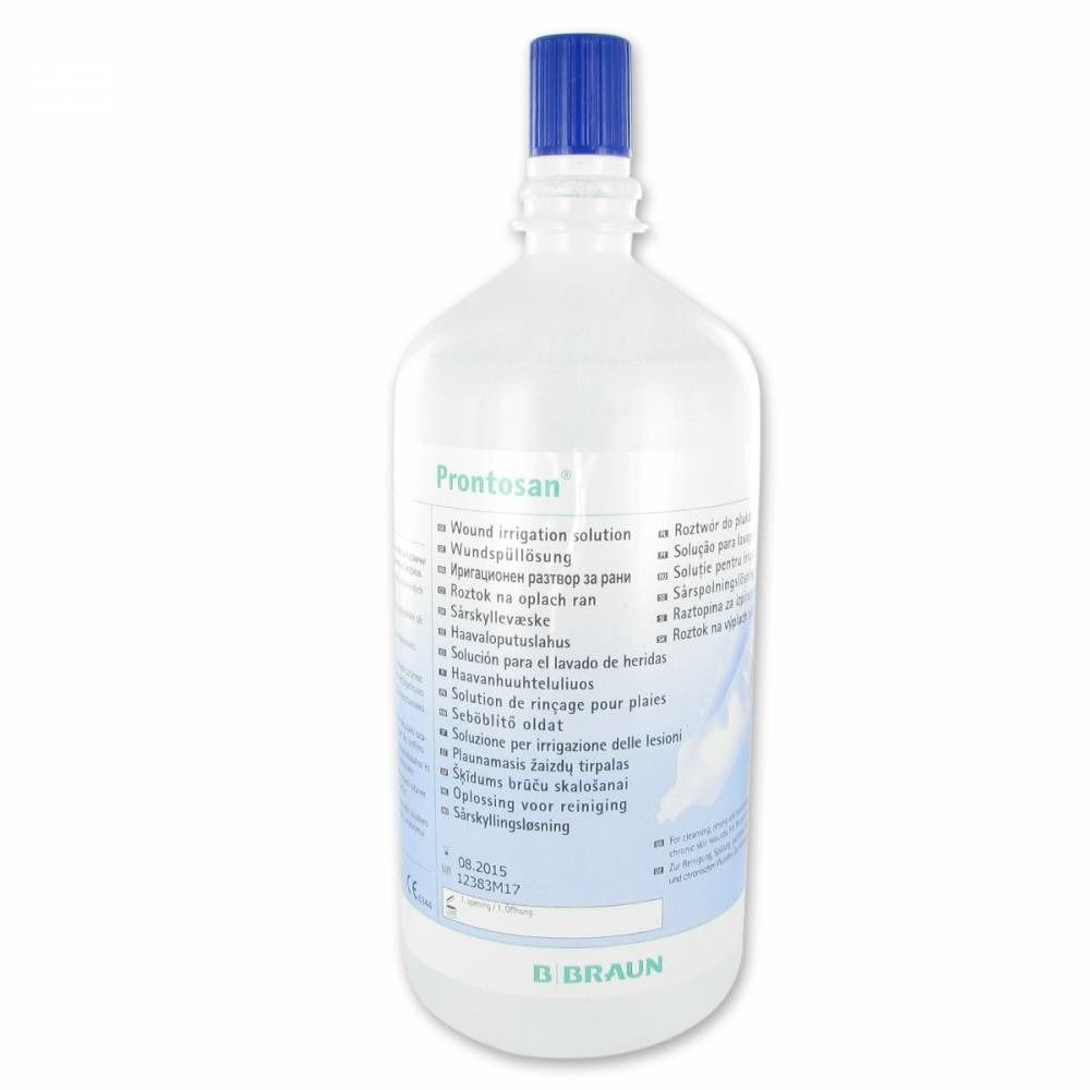 Flacon avec bouchon bleu. Inscription : Prontosan. Étiquette du produit avec informations.