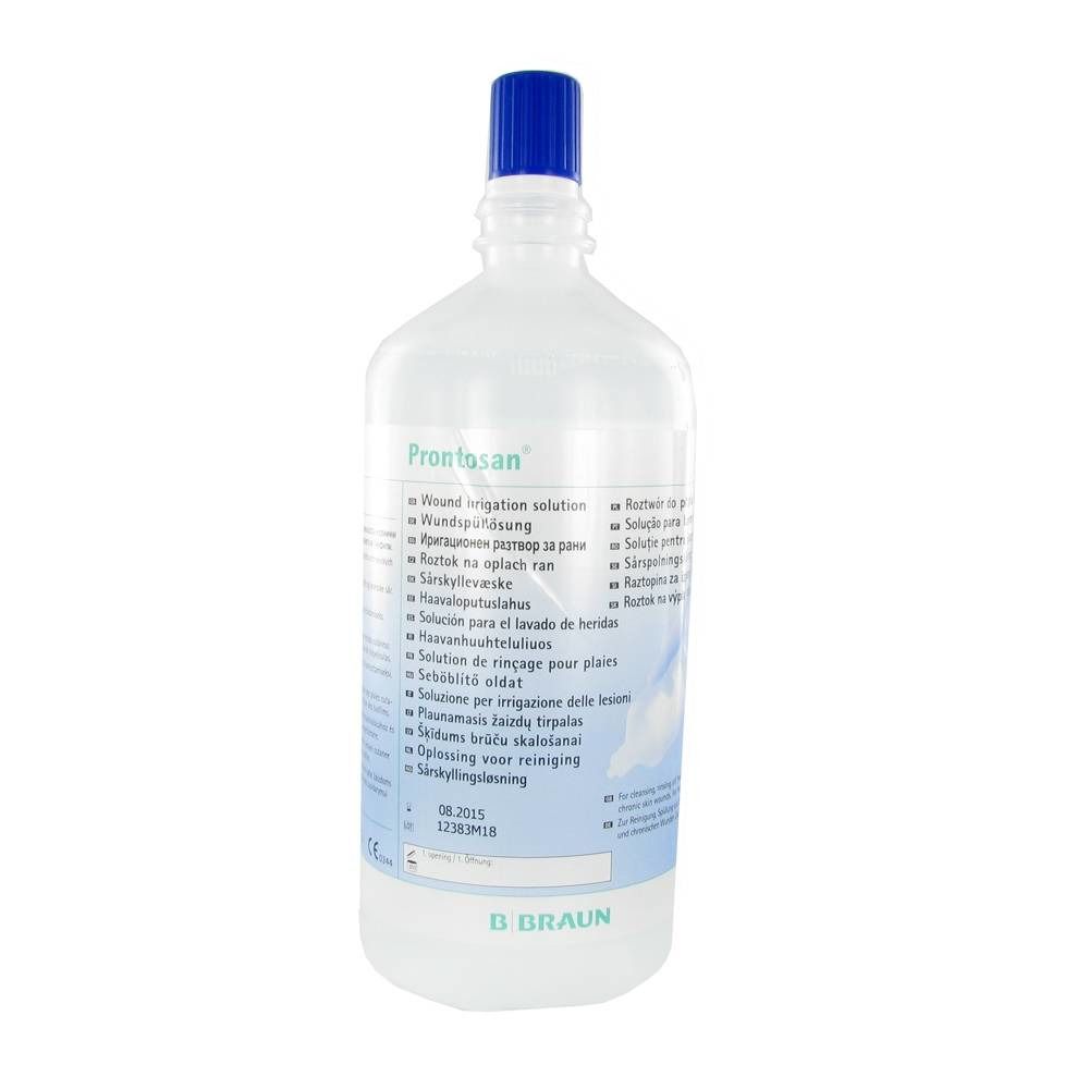 Flacon avec bouchon bleu. Étiquette du produit avec informations. Marque B. Braun.