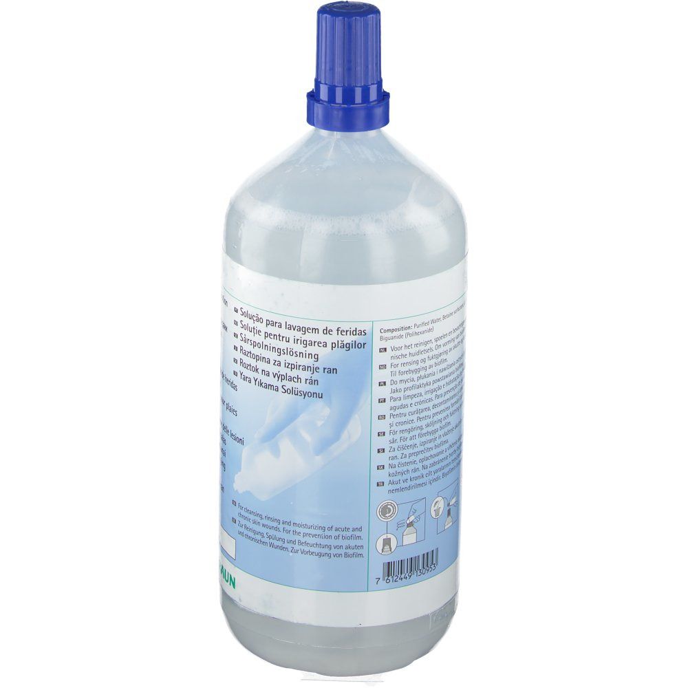 Flacon avec bouchon bleu. Étiquette du produit avec informations. Marque B. Braun.