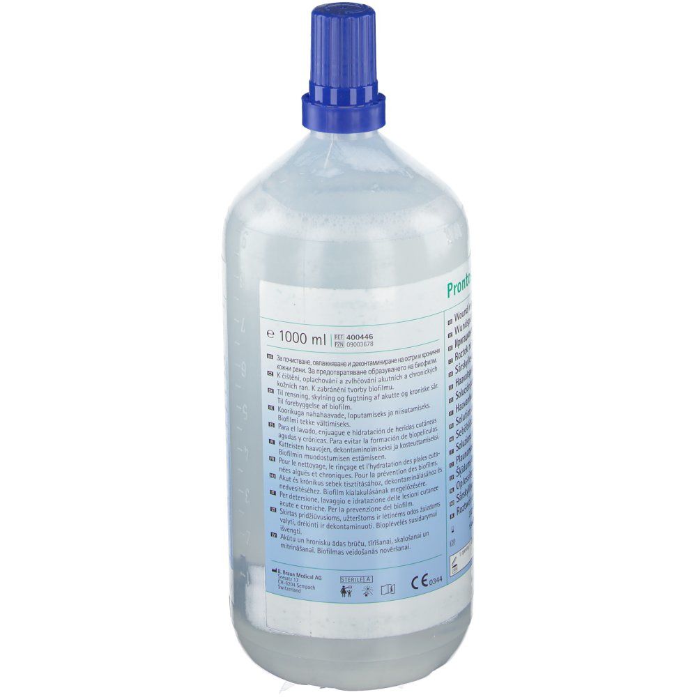 Flacon avec bouchon bleu. Inscription : 1000 ml. Étiquette du produit avec informations. Marque B. Braun.