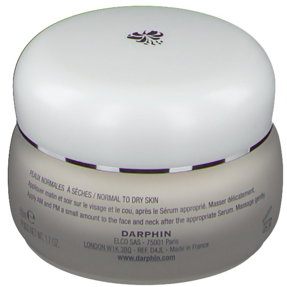 Pot de crème avec couvercle blanc. Texte: "DARPHIN".