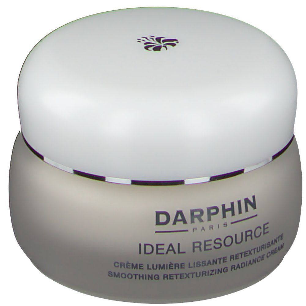 Pot de crème avec couvercle blanc. Texte: "DARPHIN IDEAL RESOURCE".