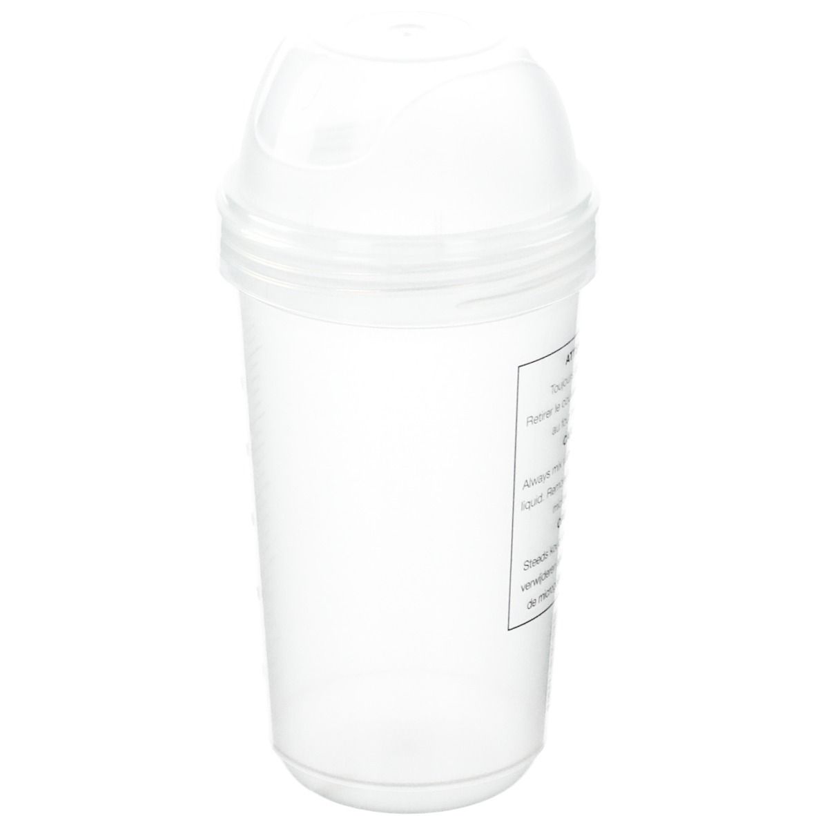 Shaker transparent. Instructions imprimées sur le côté. Couvercle avec ouverture pour boire.