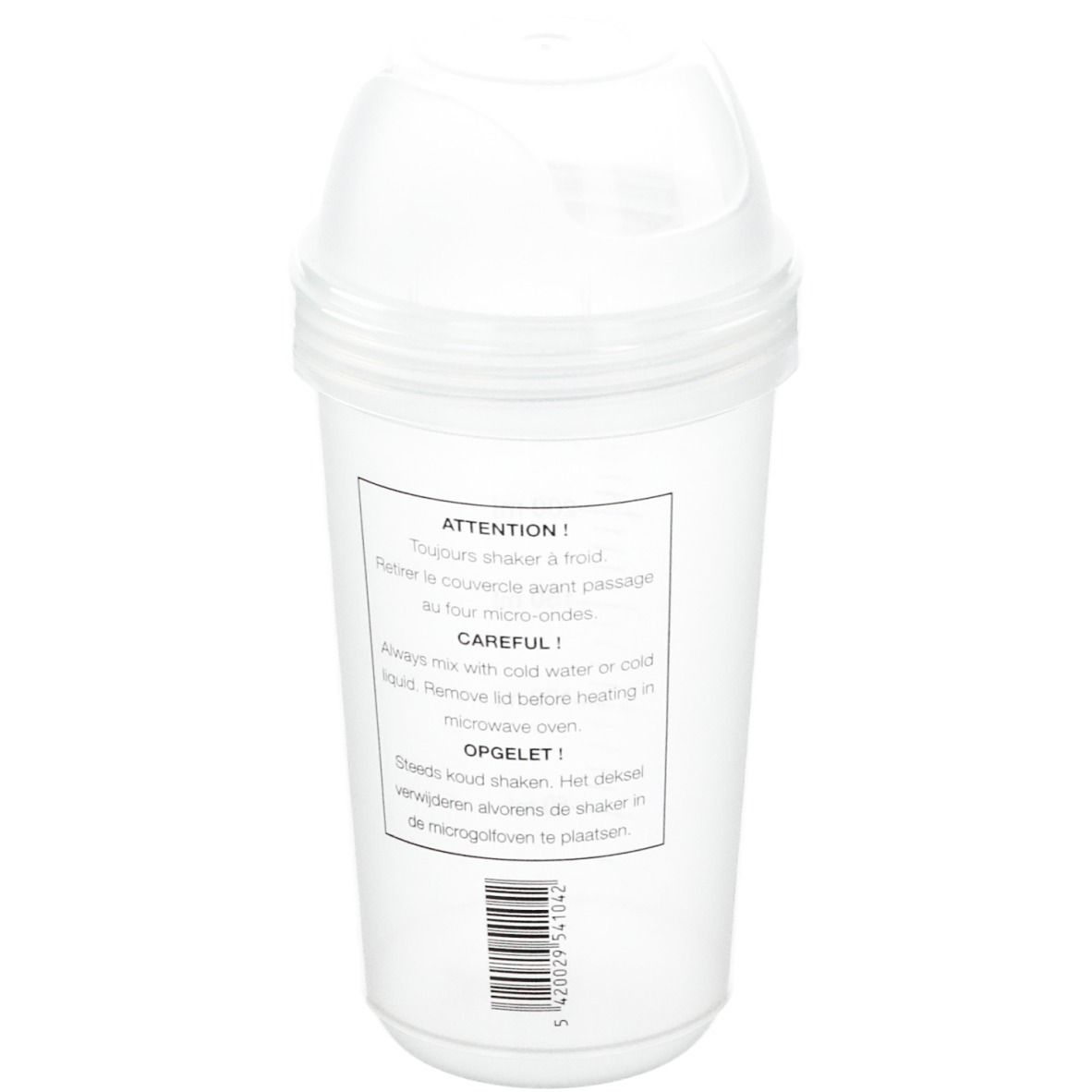Shaker transparent avec instructions. Couvercle avec ouverture pour boire. Code-barres sur le côté.