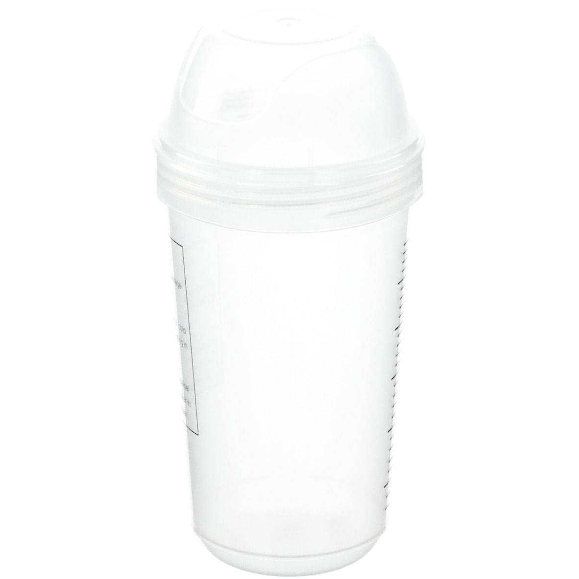 Shaker transparent. Couvercle avec ouverture pour boire. Instructions imprimées sur le côté.