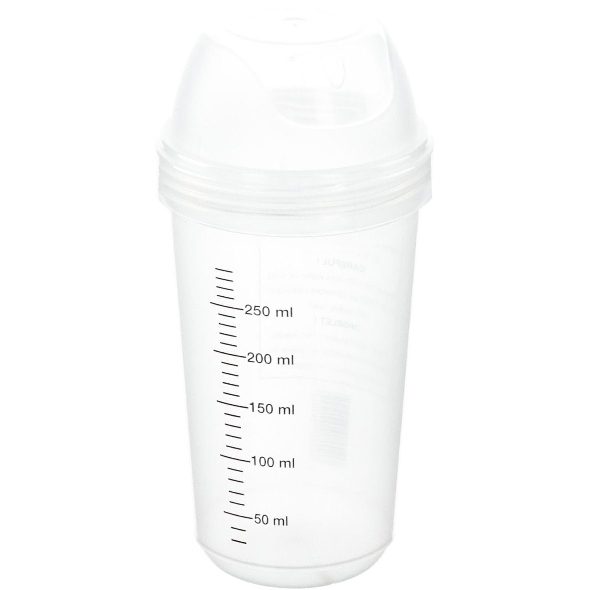 Shaker transparent avec échelle de mesure. Couvercle avec ouverture pour boire. Marques de volume de 50 à 250 ml.