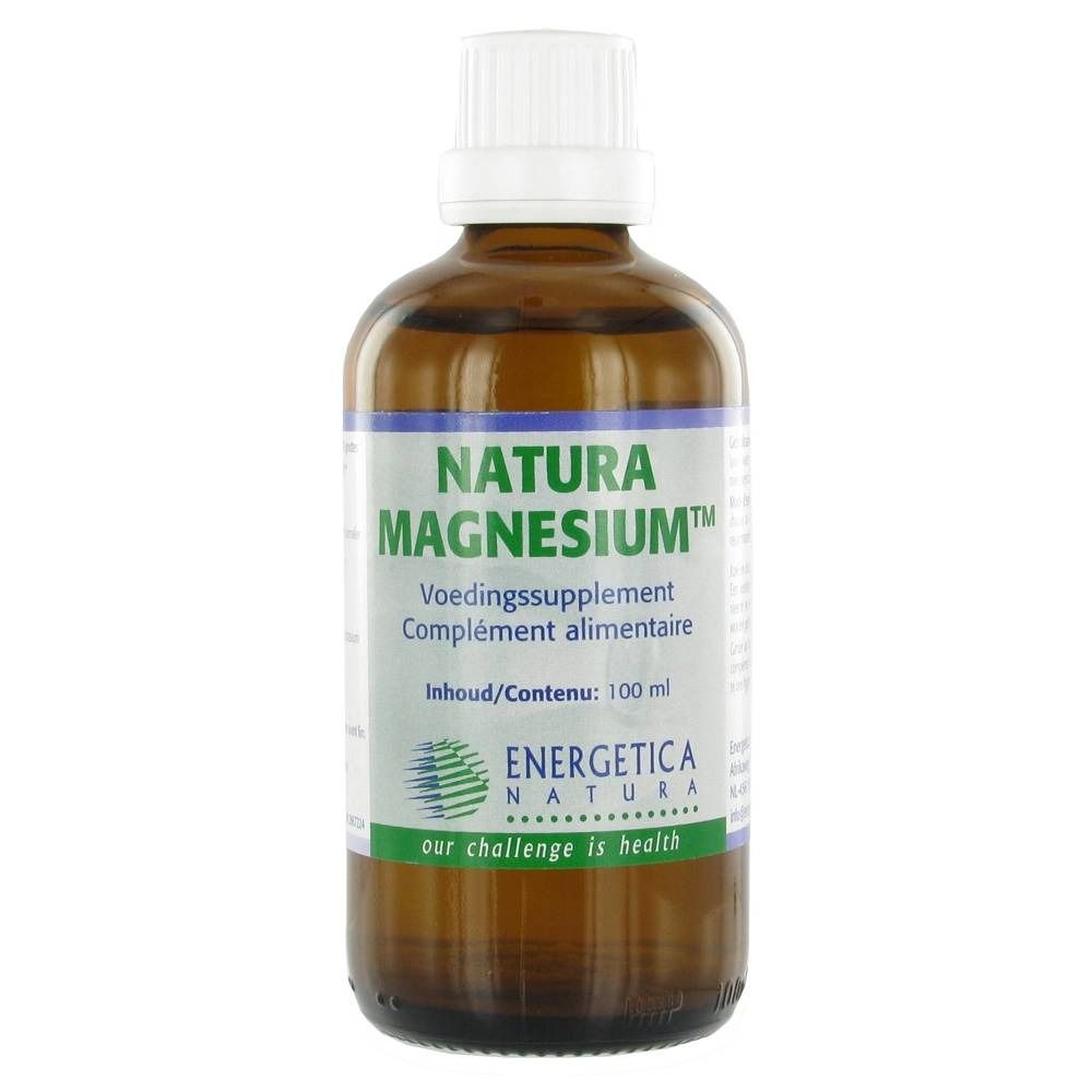 Flacon en verre brun avec bouchon blanc. Étiquette avec "NATURA MAGNESIUM". Texte en néerlandais et français. Marque : Energetica Natura.
