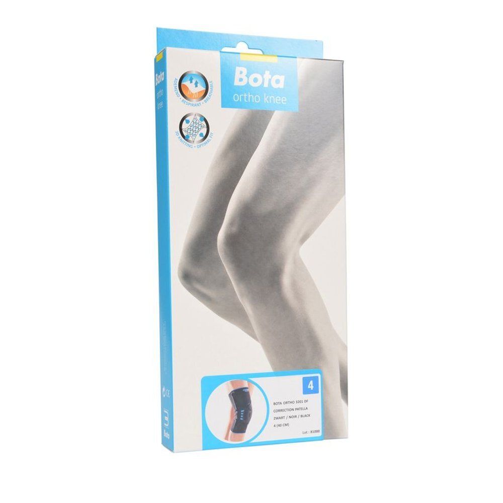 Emballage de l'orthèse de genou Bota Ortho. Vue latérale avec image du produit, logo et nom. Taille 4.